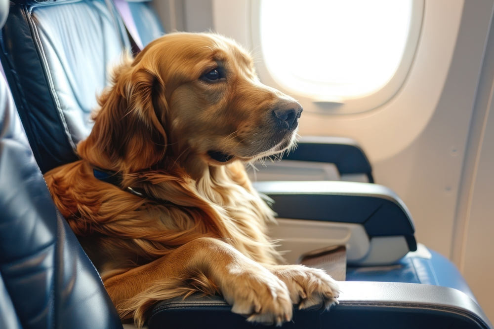 A dog is sitting in a plane seat looking out the window.