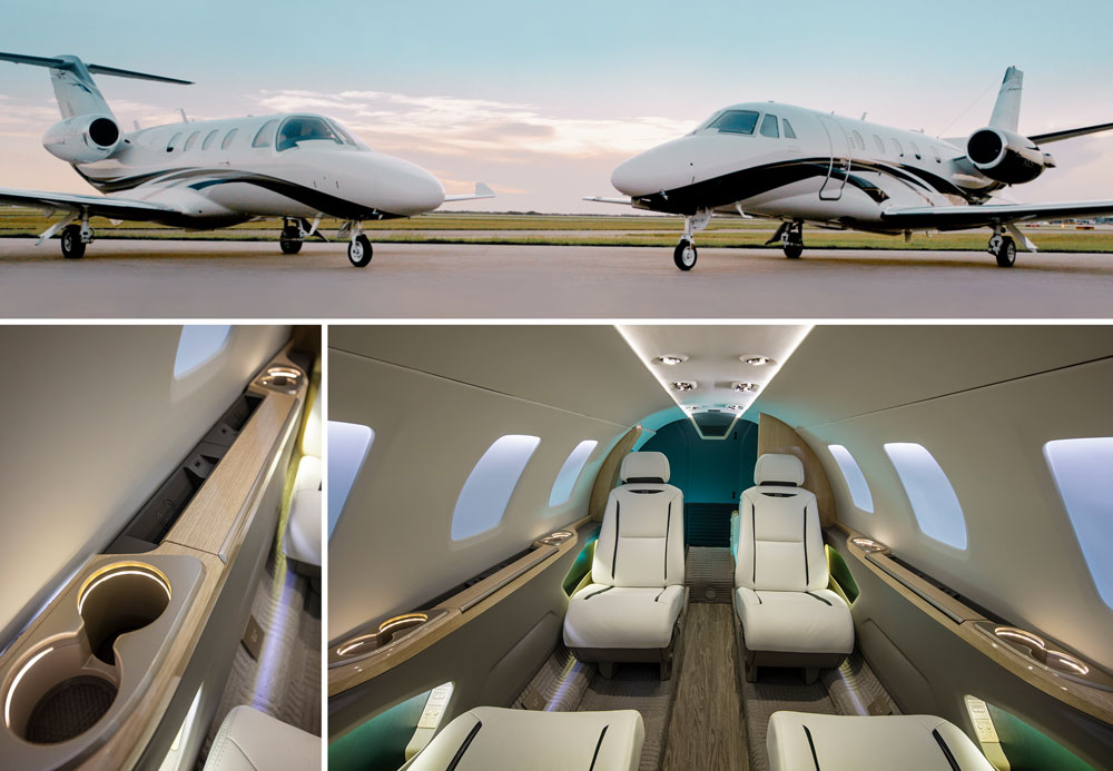 Two private jets are parked next to each other on a runway