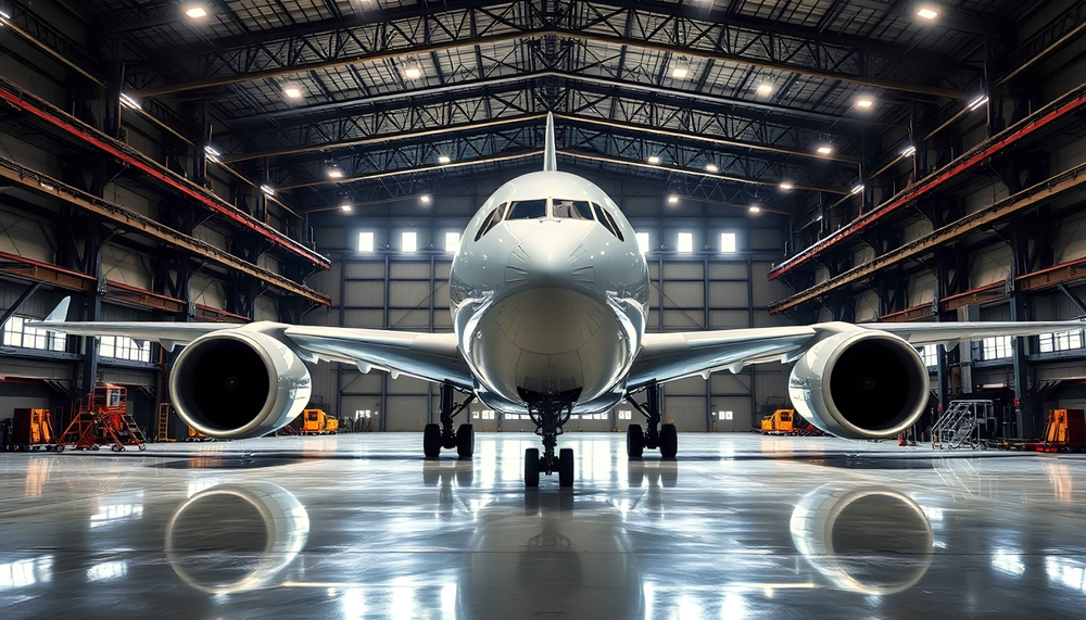 A large passenger jet is parked in a hangar.