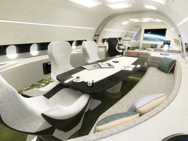 The interior of a luxury private jet in Australia, featuring plush seating and elegant design

