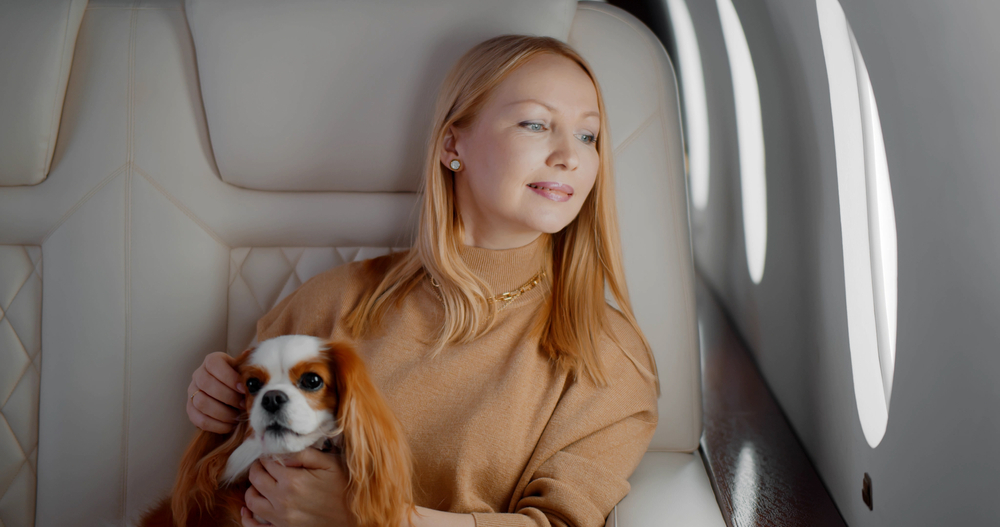 A woman is sitting on a plane holding a dog.