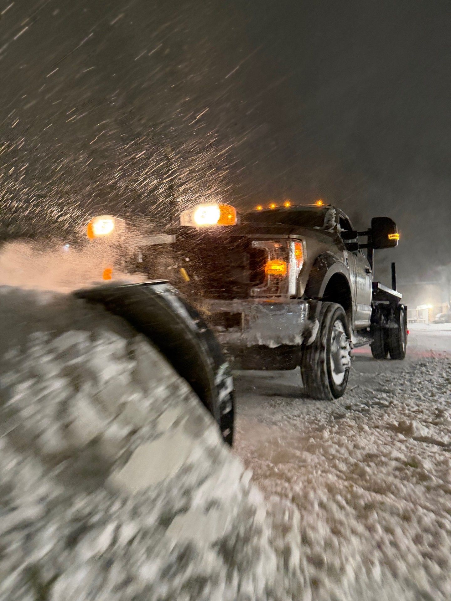 A row of parked pickup trucks equipped with yellow snowplows on a snow-covered lot.