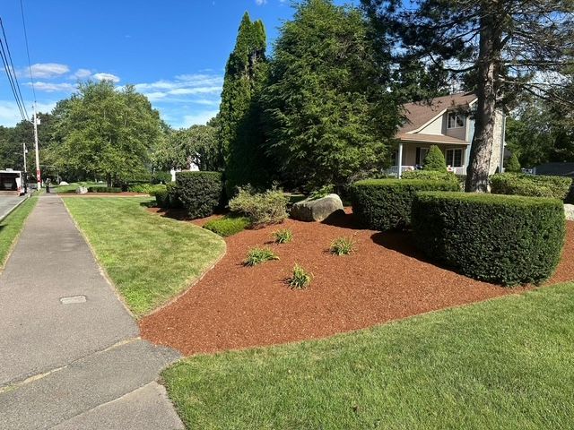 A sidewalk borders a landscaped front yard with mulch, small plants, and manicured hedges in front of a house.