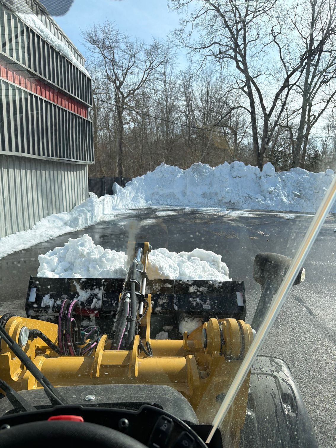 A black pickup truck equipped with a large yellow snow plow blade parked outdoors in a snowy environment.