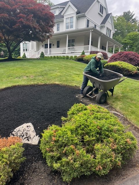 A person wearing a green hoodie and baseball cap empties a wheelbarrow of dark mulch onto a garden bed in front of a home.