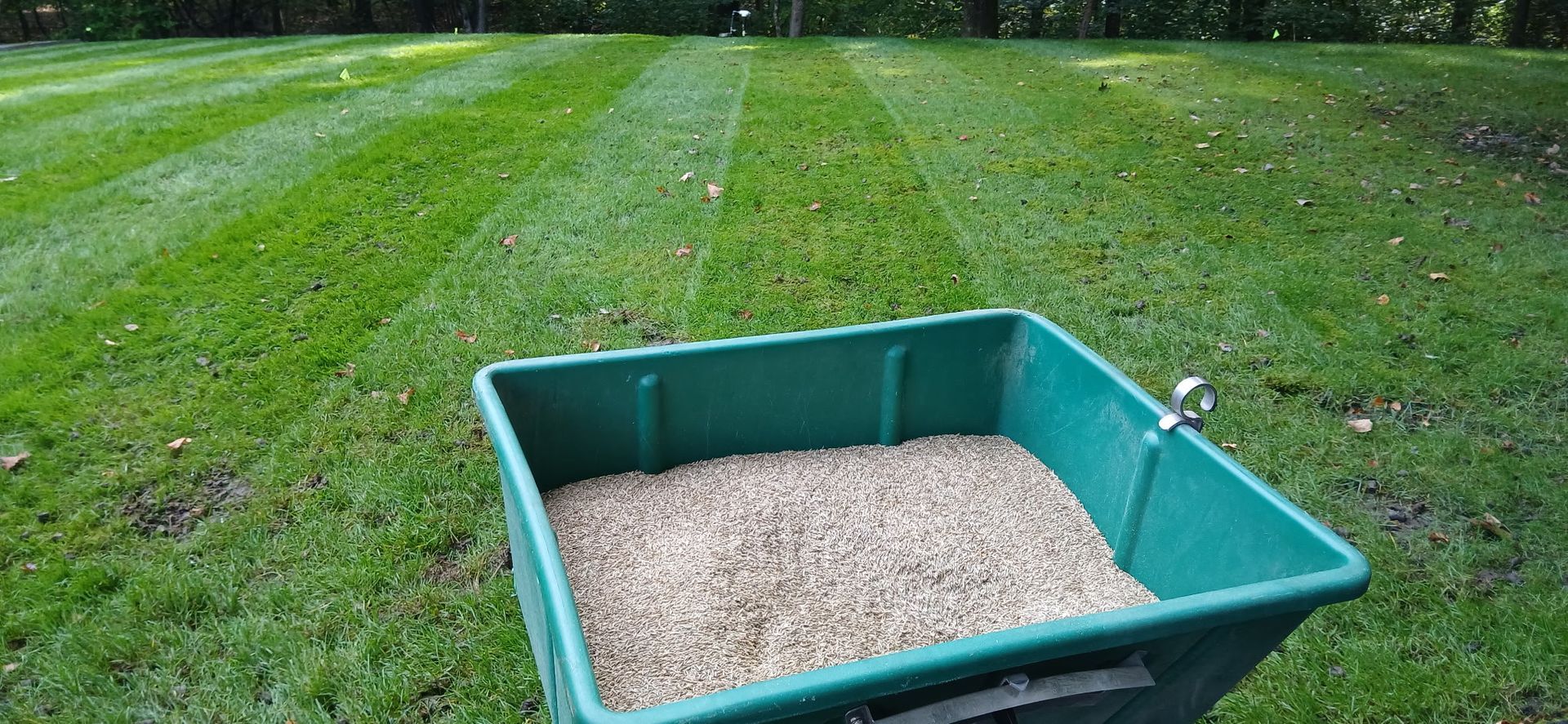 A green tub filled with gravel sits in the foreground of a large, striped lawn under overcast skies.