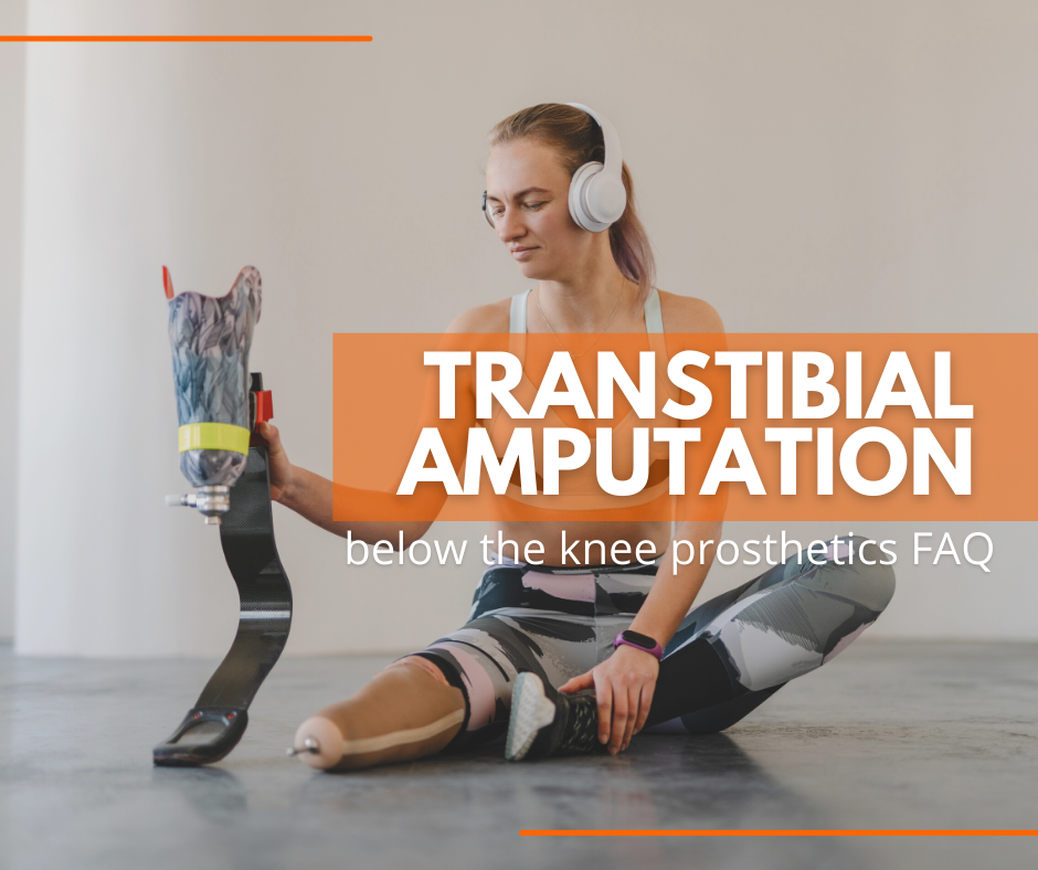 woman with transtibial amputation holding running prosthetic