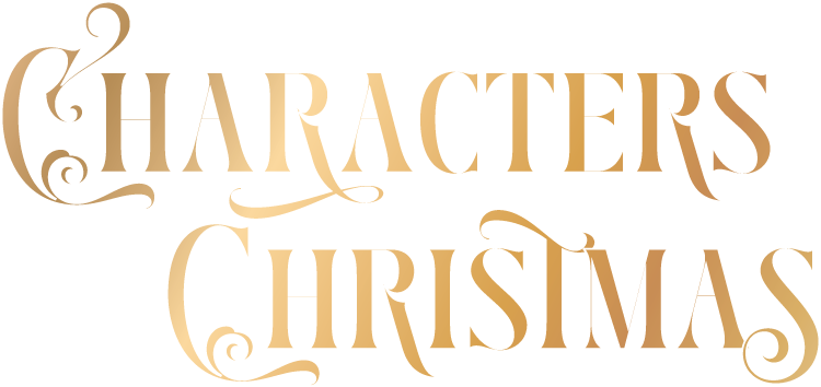 A logo for characters christmas with gold letters on a white background.