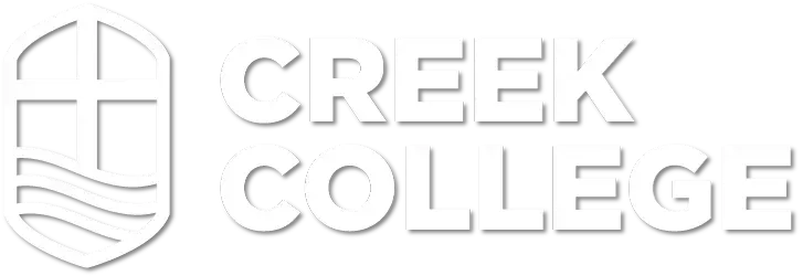 A white logo for creek college with a shield on a white background.