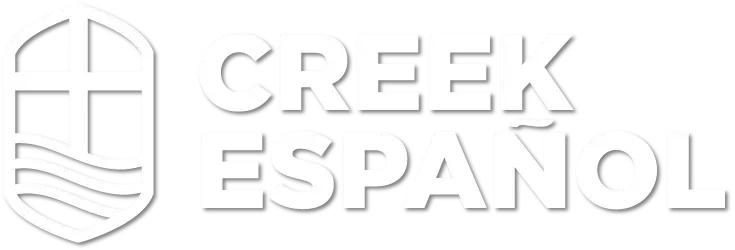 The logo for creek espanol is white and has a shield on it.