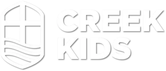 The logo for creek kids is white and has a cross on it.