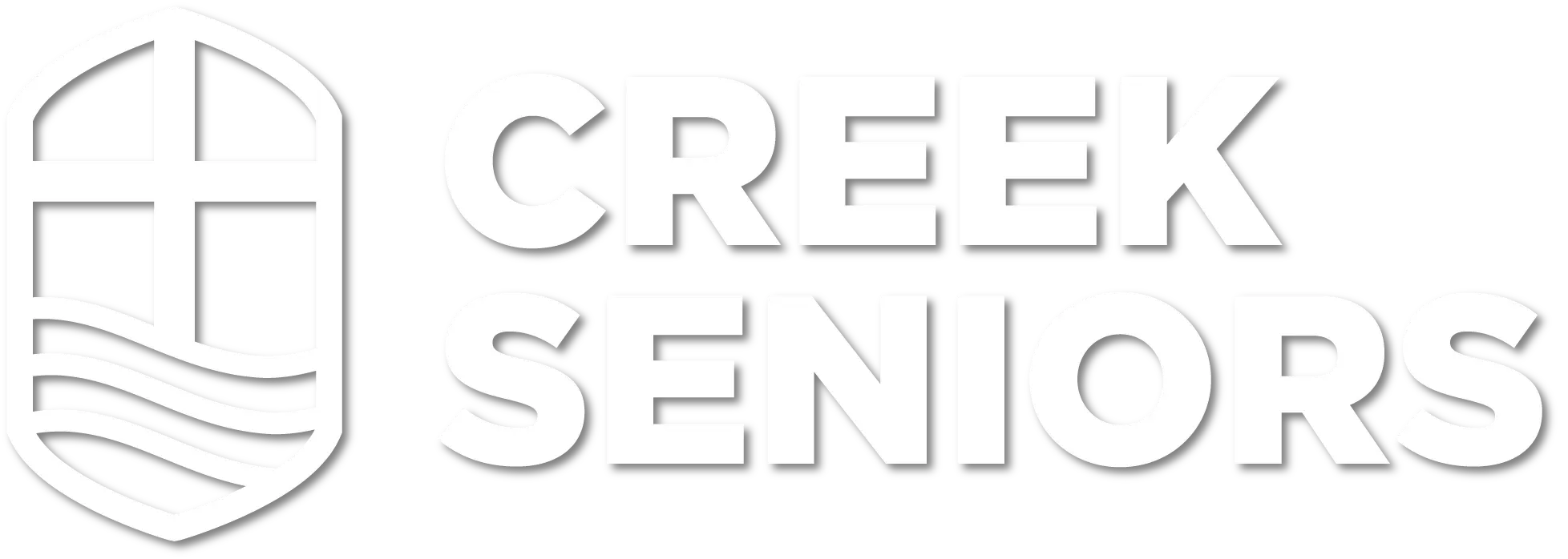 A white logo for creek seniors with a cross and shield.