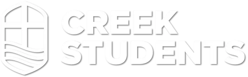 A white logo for creek students with a shield on a white background.