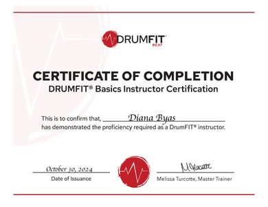 A certificate of completion for drumfit basics instructor certification