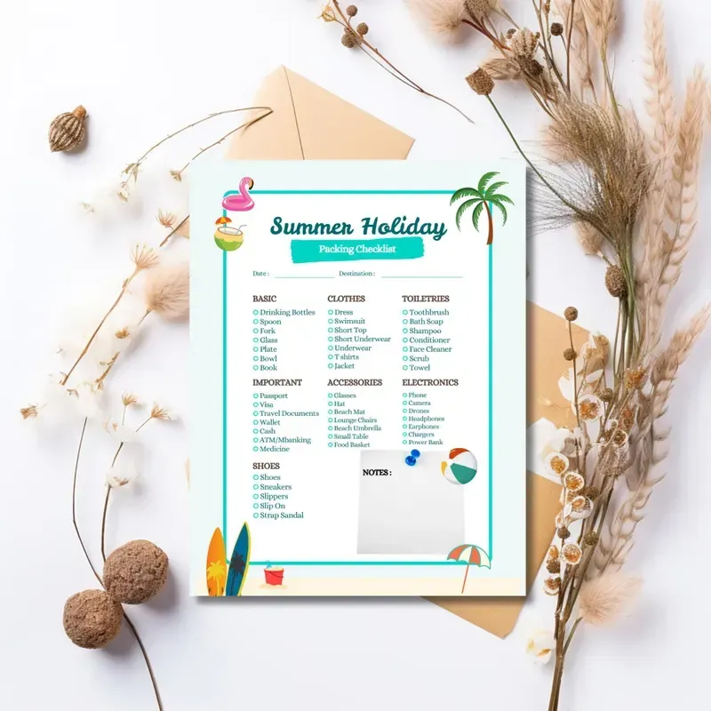 A summer holiday packing checklist is sitting on top of a table.