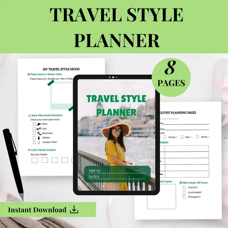 A travel style planner with 8 pages and a woman in a yellow dress