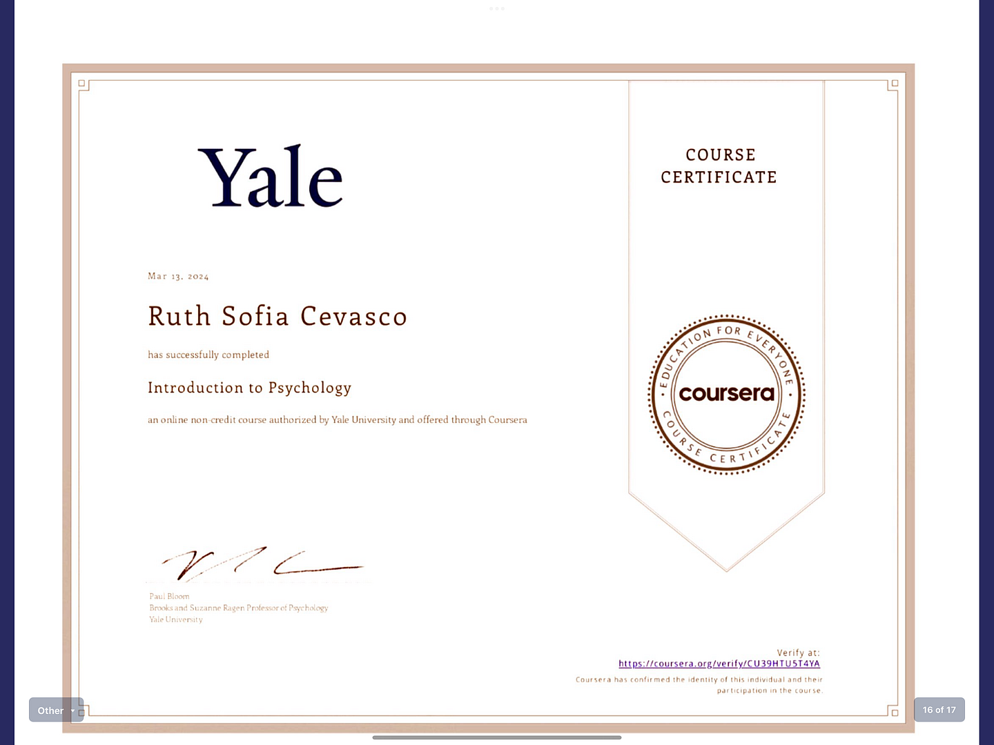 A yale certificate is displayed on a computer screen.