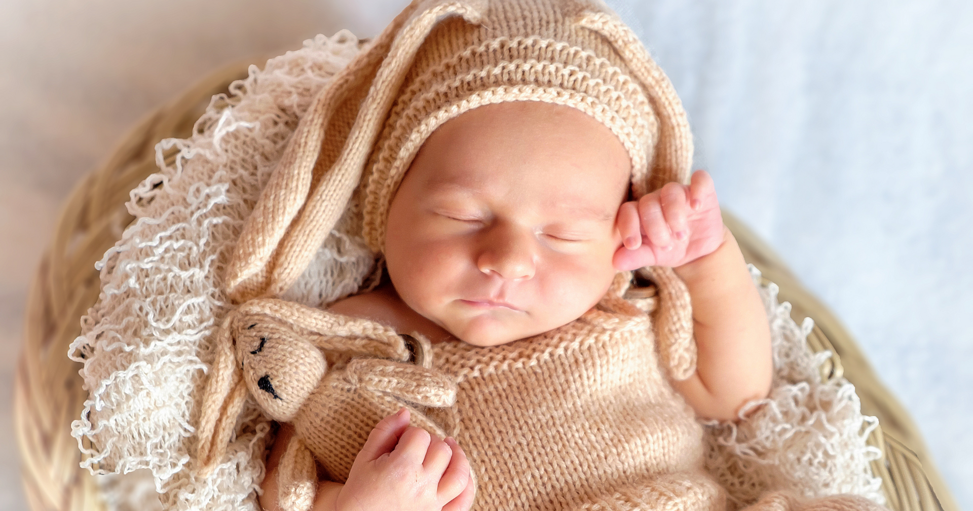 A newborn baby is sleeping in a basket with a stuffed animal.