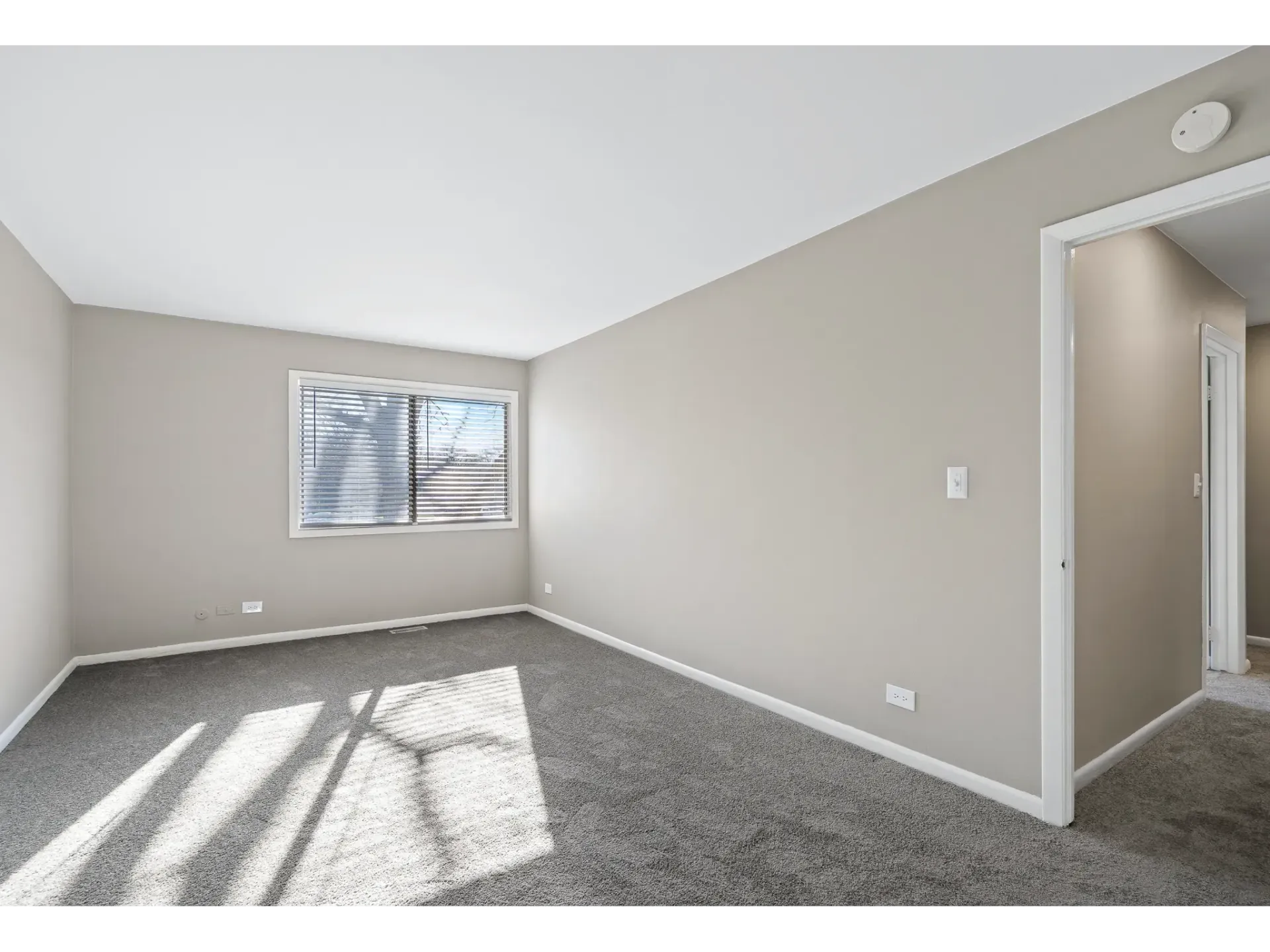 Empty apartment room with window and gray carpet