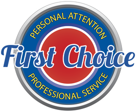 A blue and orange logo for first choice professional service