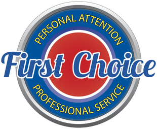 A blue and orange logo for first choice professional service
