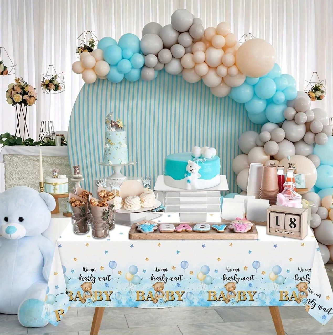 Teddy Bear-Themed Balloon Arch and Dessert Table Display
