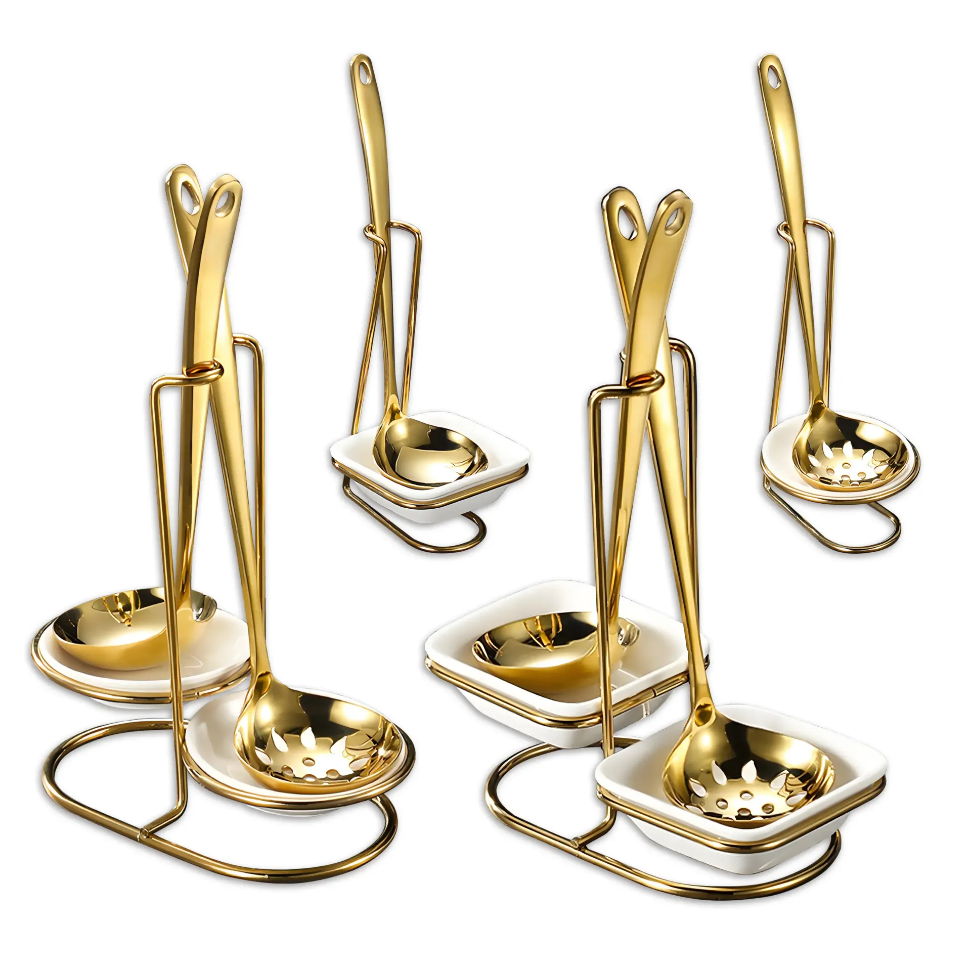 Gold Serving Spoon Set with Stand and Ceramic Rest