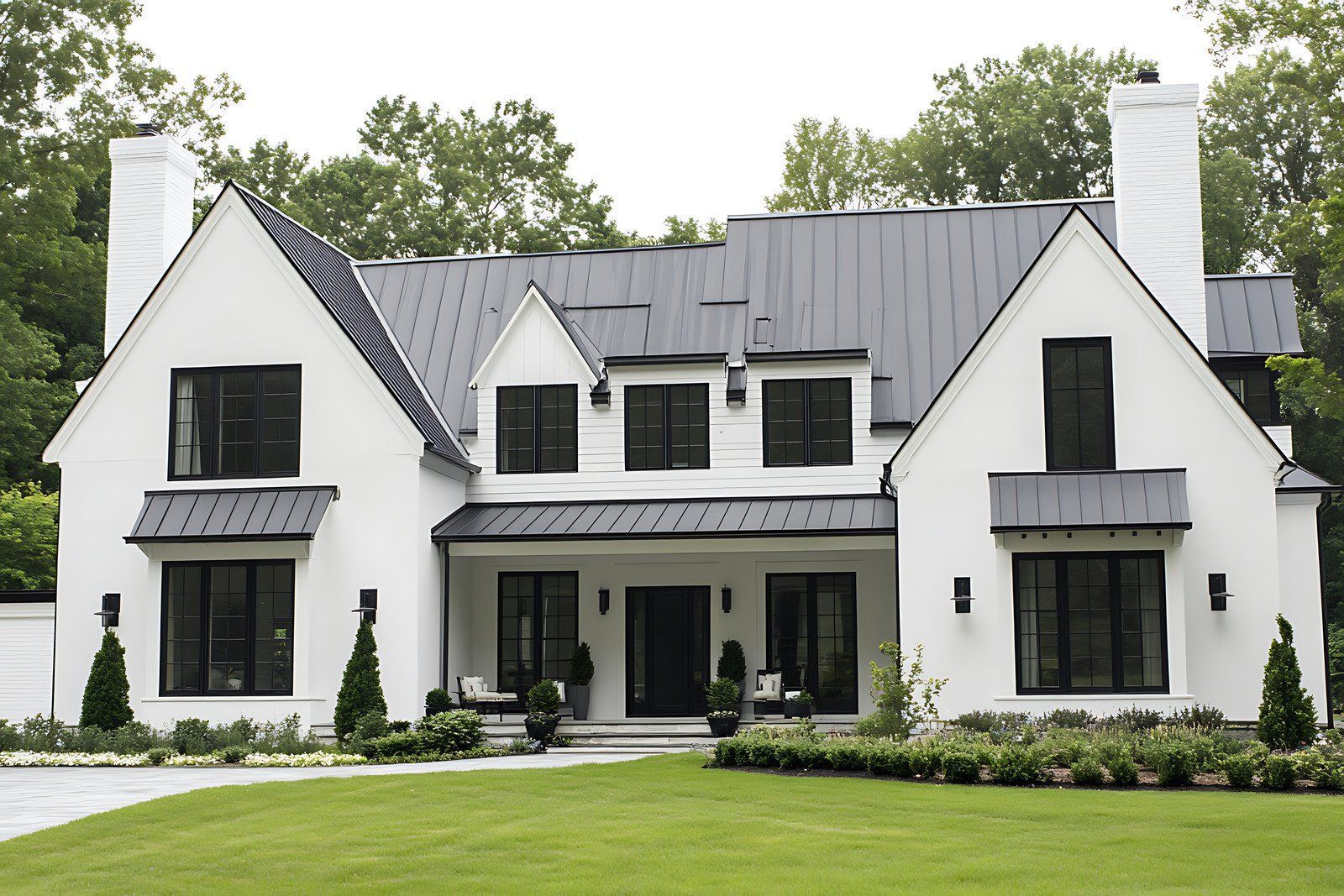 White house with black window frames, a gray roof, and manicured lawn.