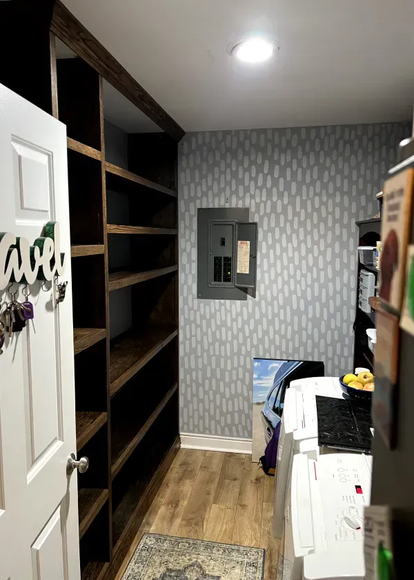 A pantry with dark shelves, a white door on the left, and a light blue patterned wall with a circuit breaker.