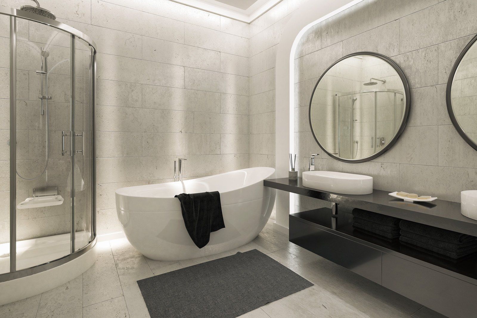 Modern white bathroom with a bathtub, shower, and dual sinks.
