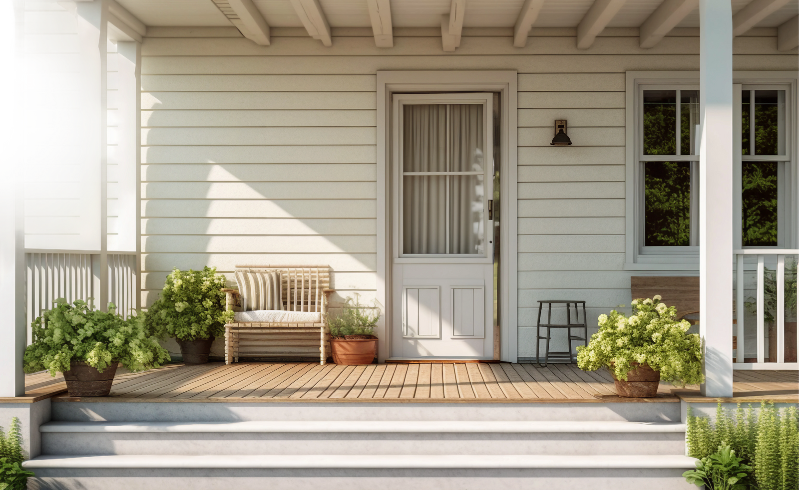 A white porch with steps, a wooden bench, potted plants, and a door with a screen.