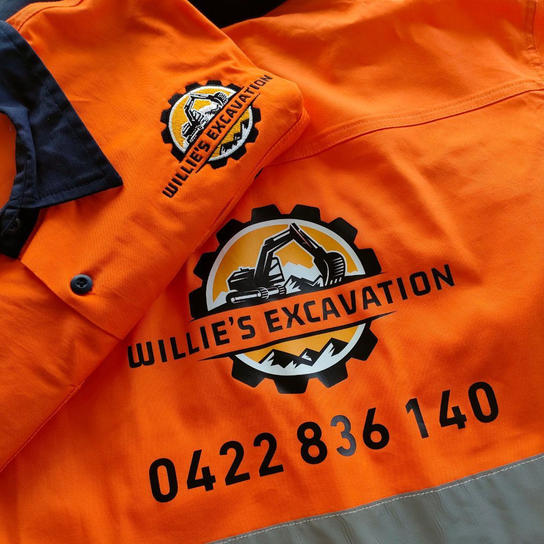 An Orange Excavator Work Shirt - NMTG Embroidery In Wollongong, NSW