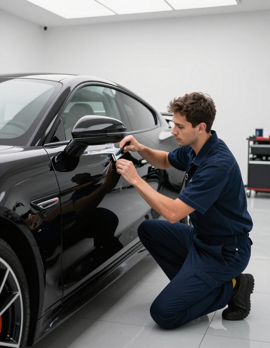 Technician polishing a black car door in a bright auto detailing bay