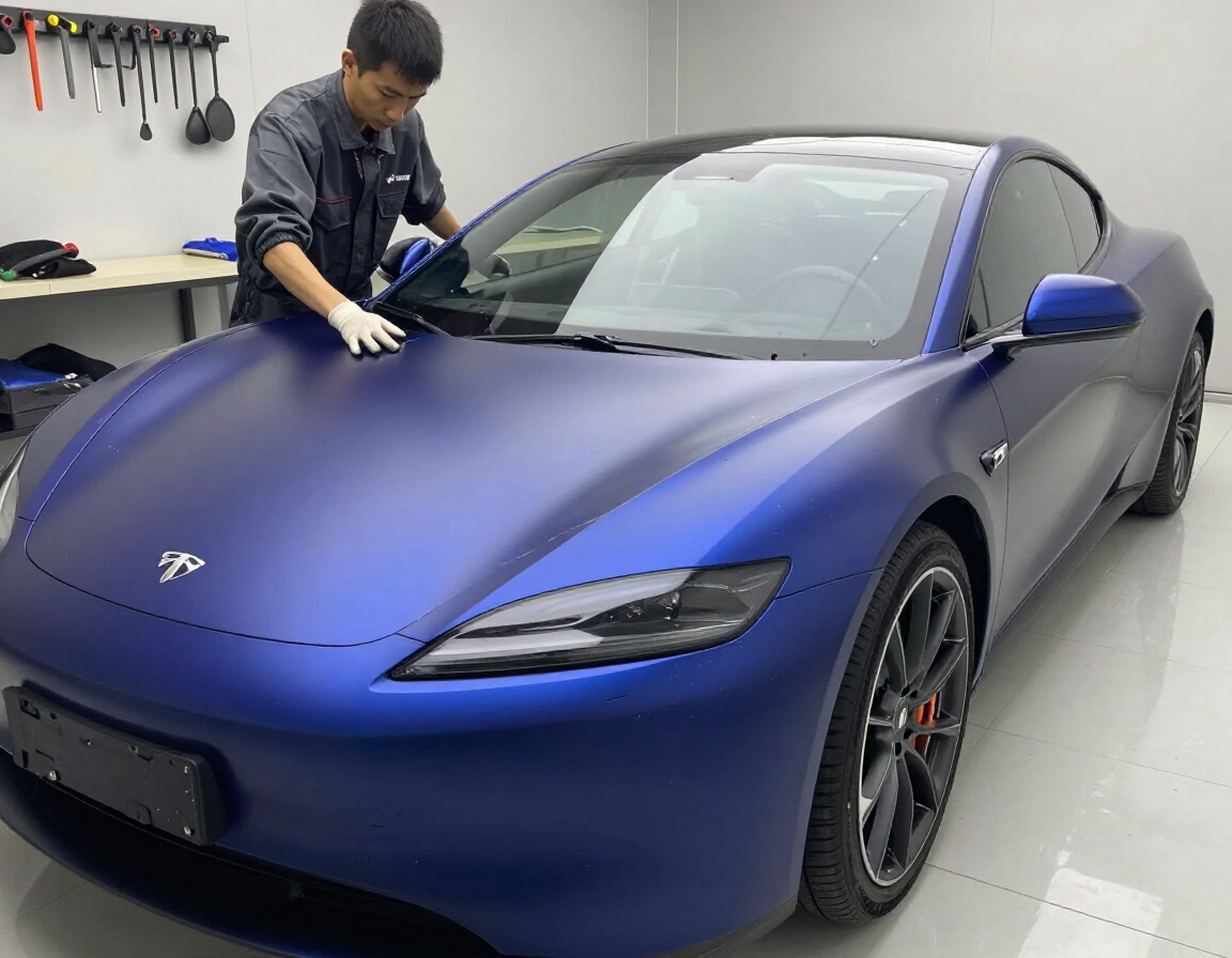Vinyl wrap installation on sports car