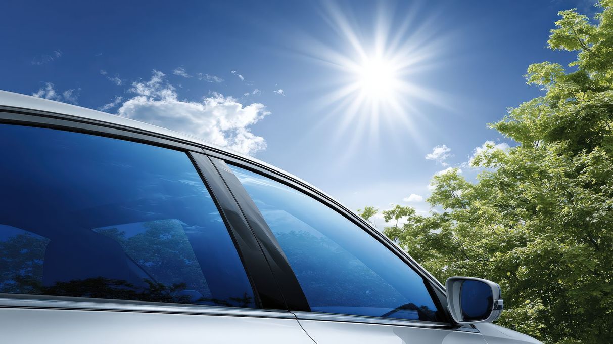 Blue car with tinted windshield under bright sun and blue sky with trees nearby