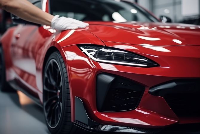 Close-up of a red sports car with a hand polishing the hood in a garage
