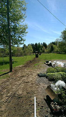 A dirt road going through a grassy field with a tractor in the background.