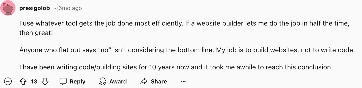 Reddit user presigolob, after ten years in the field, values tools that speed up work. They say website builders can cut development time in half. They claim they still deliver results.