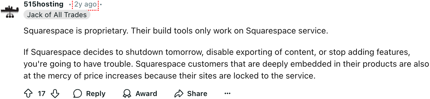 A Reddit comment about Squarespace's disadvantages.