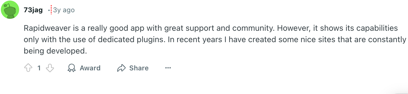 A Reddit comment stating the pros and cons of Rapidweaver.