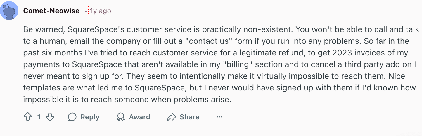 A Reddit post with about Squarespace.