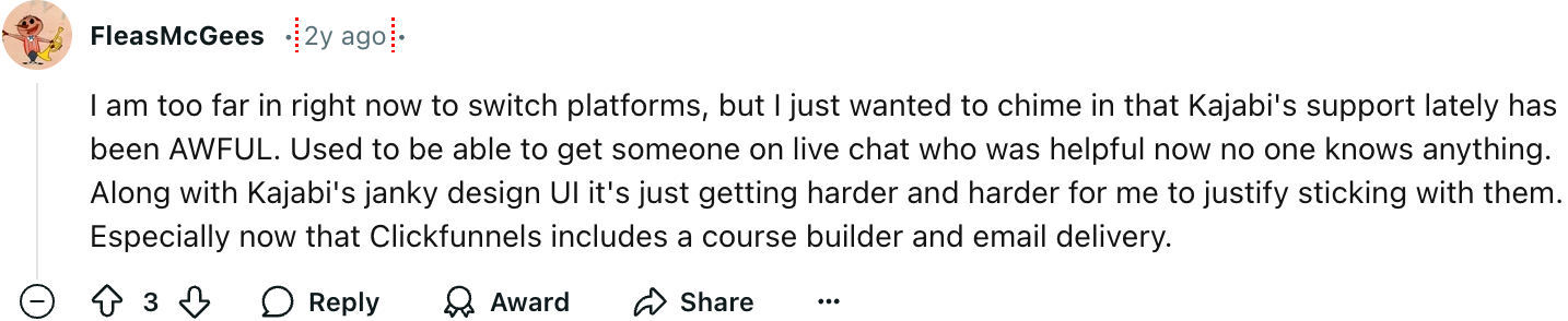 A Reddit user wants to switch platforms aside from Kajabi.