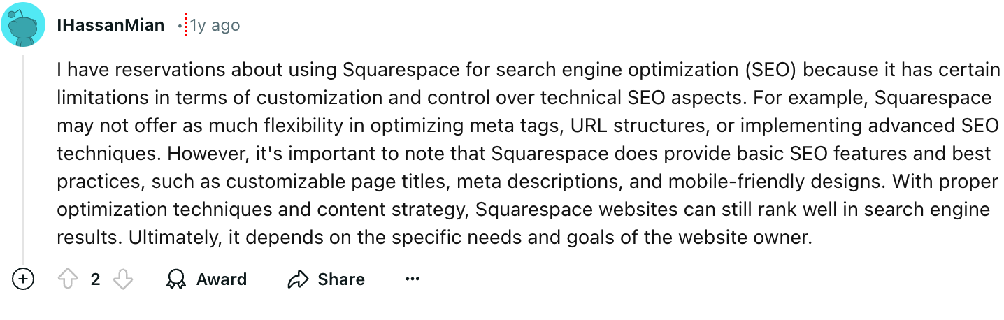 A Reddit post about using Squarespace for SEO.