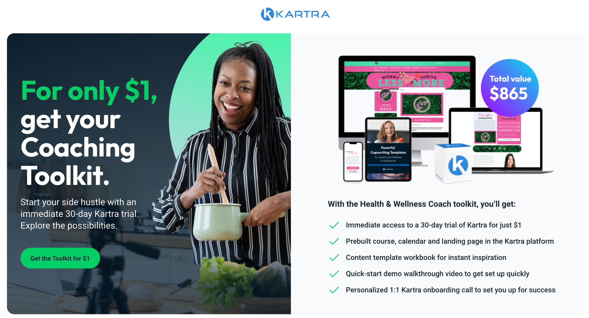 A woman is holding a pot and smiling in an advertisement for a coaching toolkit.