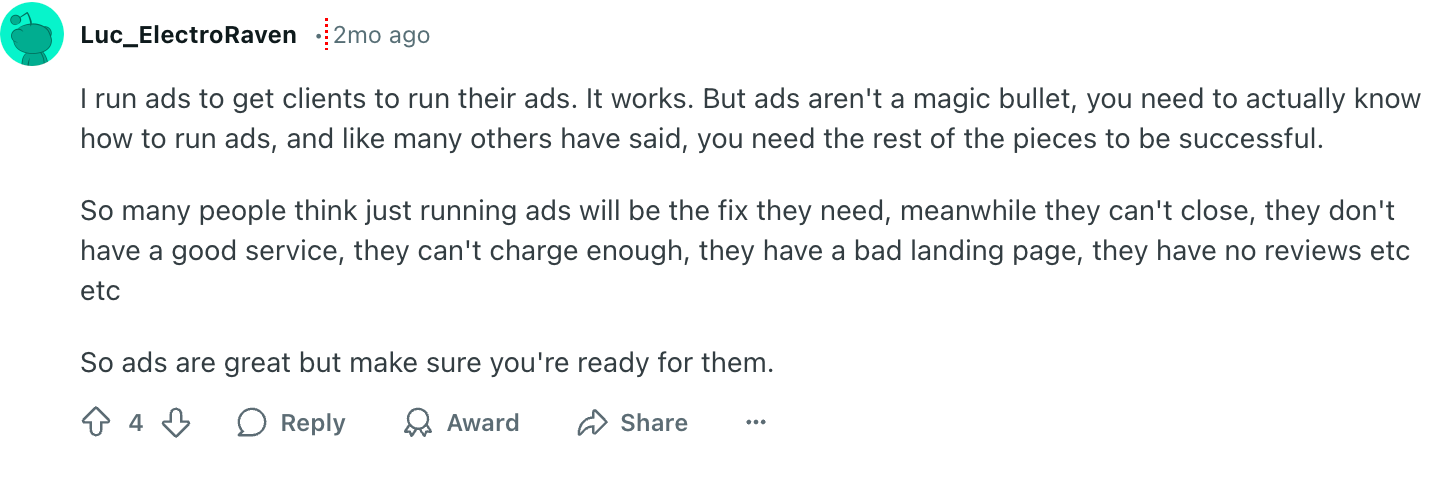 Reddit post on running ads.