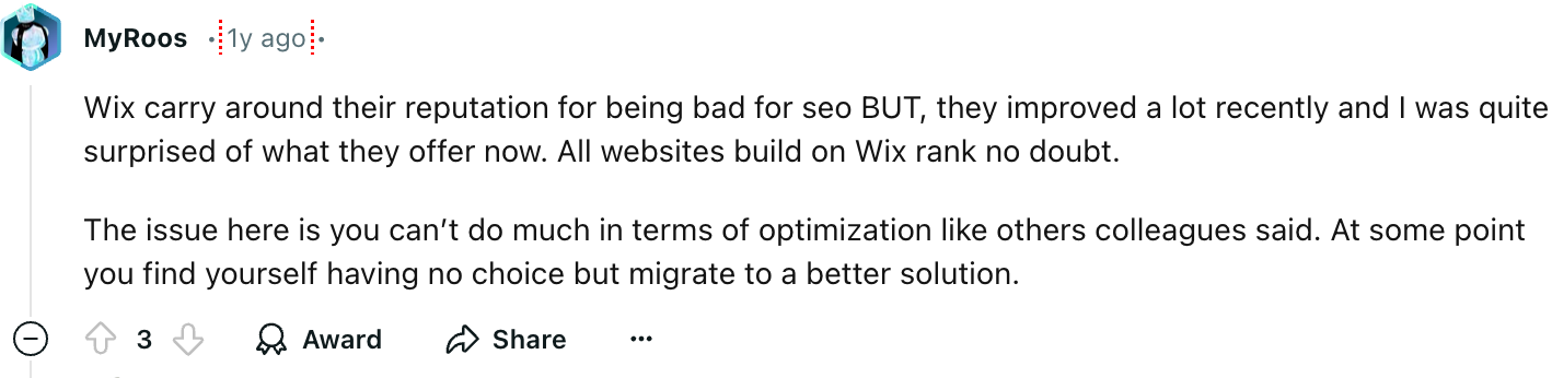 MyRoos
Wix carry around their reputation for being bad for seo BUT, they improved a lot recently and I was quite surprised of what they offer now. All websites build on Wix rank no doubt.
