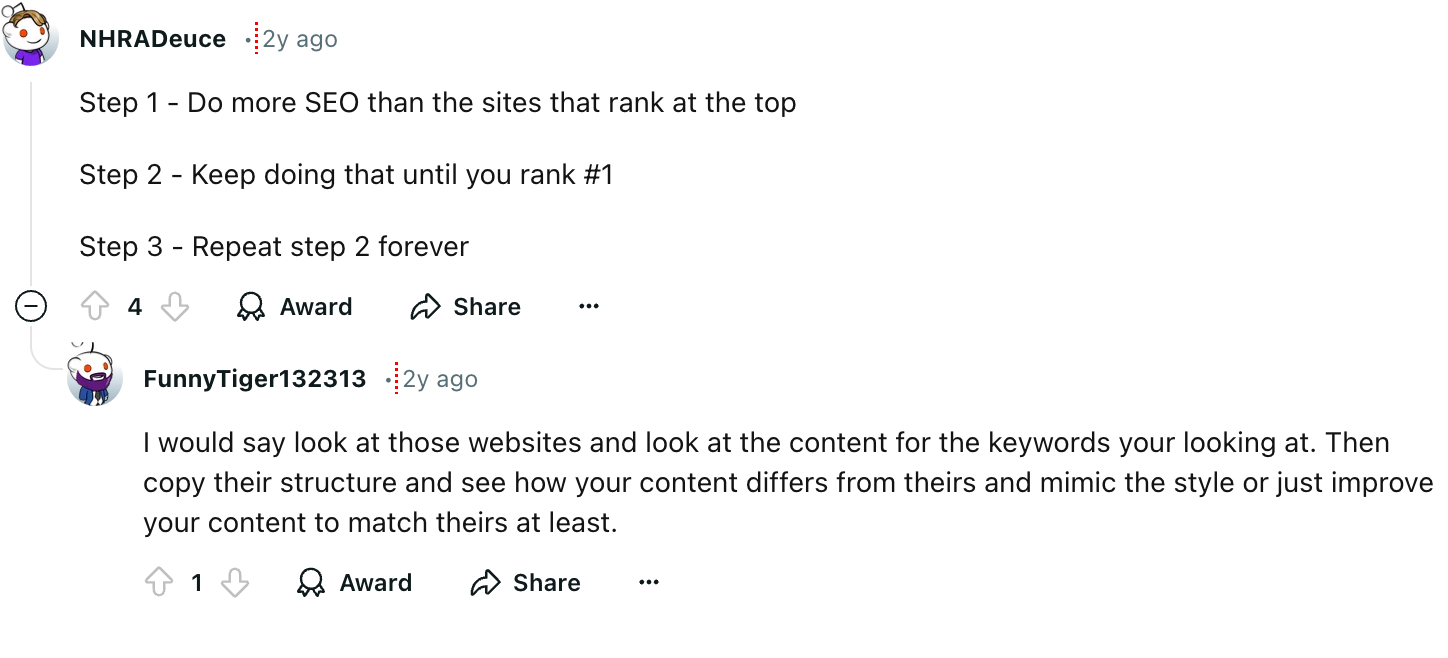 A screenshot of a Reddit post that says website builders make sites rank at the top.