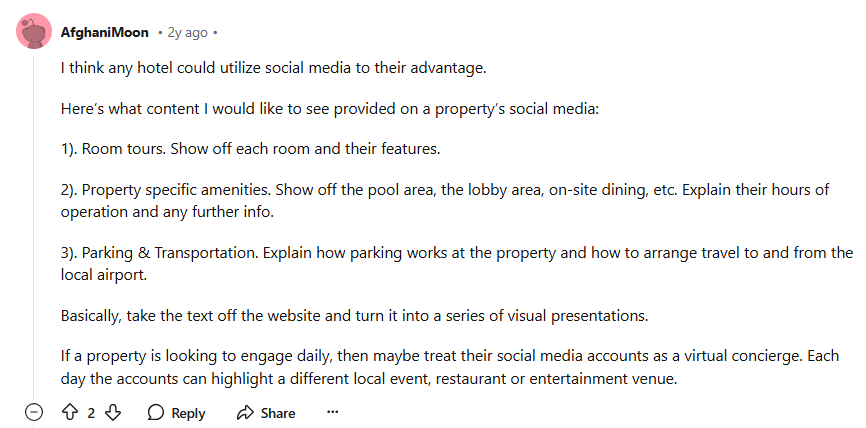 Redditor reply on how social media can help get qualified hotel leads