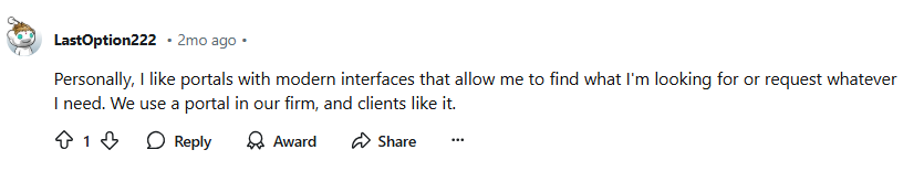 Reddit user reply to using portals for client interaction