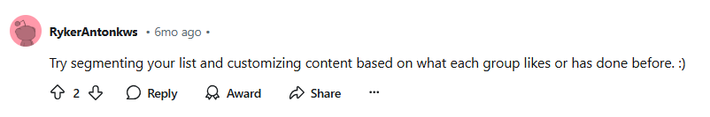 Reddit discussion about email retargeting using email segmentation strategy